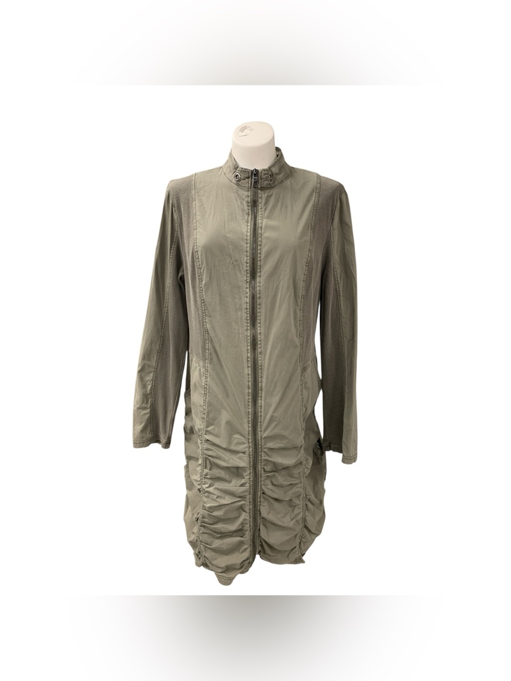 XCVI Olive Zip-Front Long Trench with Ruched Hem Size XL